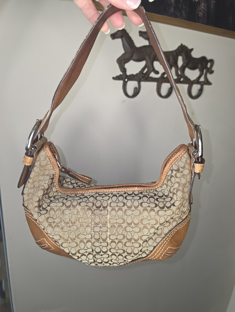 Coach Vintage Brown Small C Signature Canvas Leather Shoulder Hobo Bag Y2K Mini
